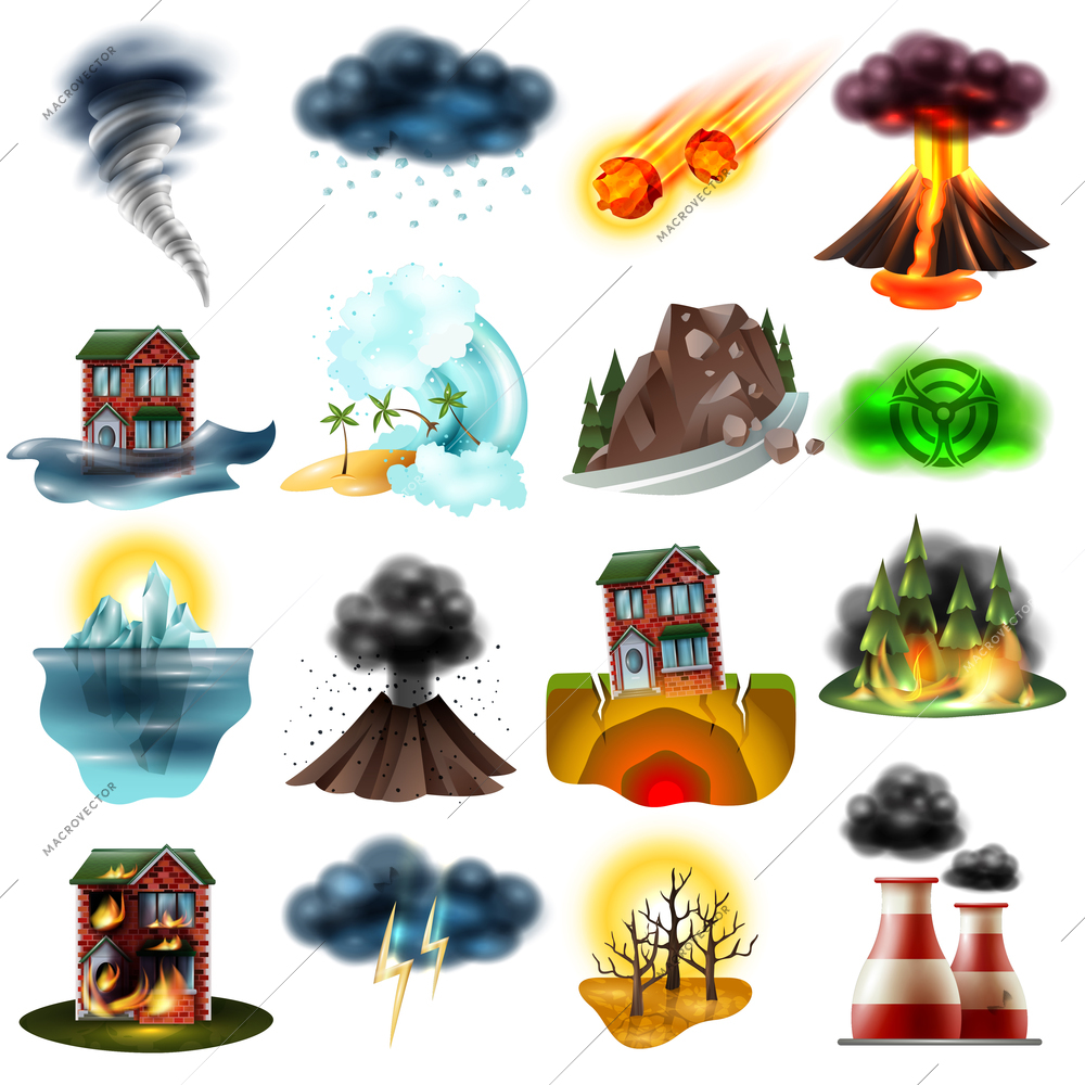 Set of natural disasters including flood earthquake drought wildfire tsunami radiation hail environment pollution isolated vector illustration