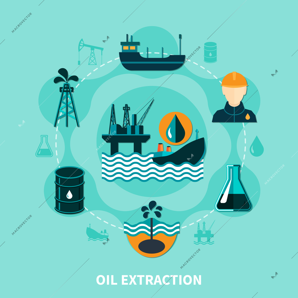 Oil industry flat composition with off-shore petroleum production icons and silhouette images with human character vector illustration