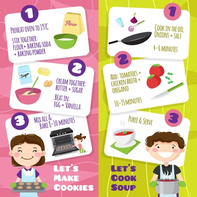 Kids cooking vertical banners set with flat cartoon style teenager characters and cards with cooking tips vector illustration