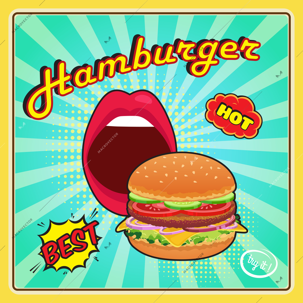 Poster in comic style with hamburger and female open mouth on blue pop art background vector illustration