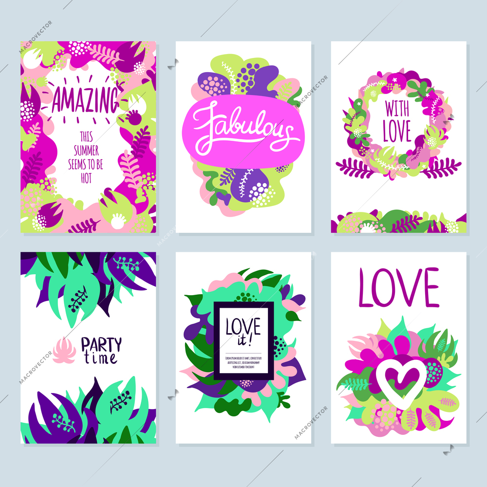Colorful summer banners with lettering and floral pattern on white background flat isolated vector illustration
