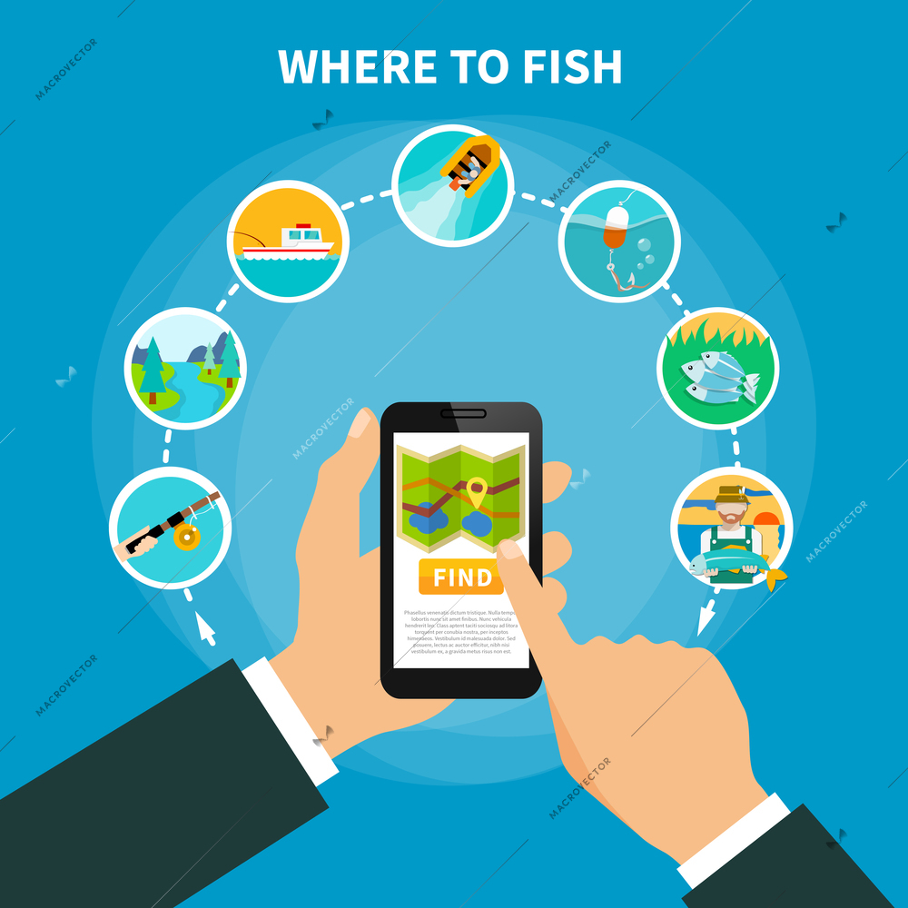 Fishing conceptual composition with human hands holding smartphone running navigation app with location circle pictogram images vector illustration