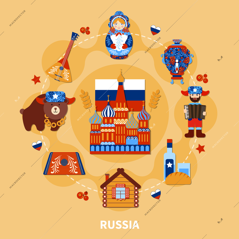 Travel round composition of isolated sticker style images of authentic russian art with sights and symbols vector illustration