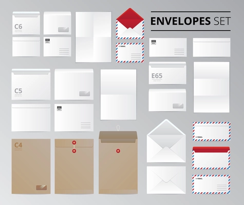 Realistic paper office envelopes document letter set of isolated images with templates for different sheet size vector illustration