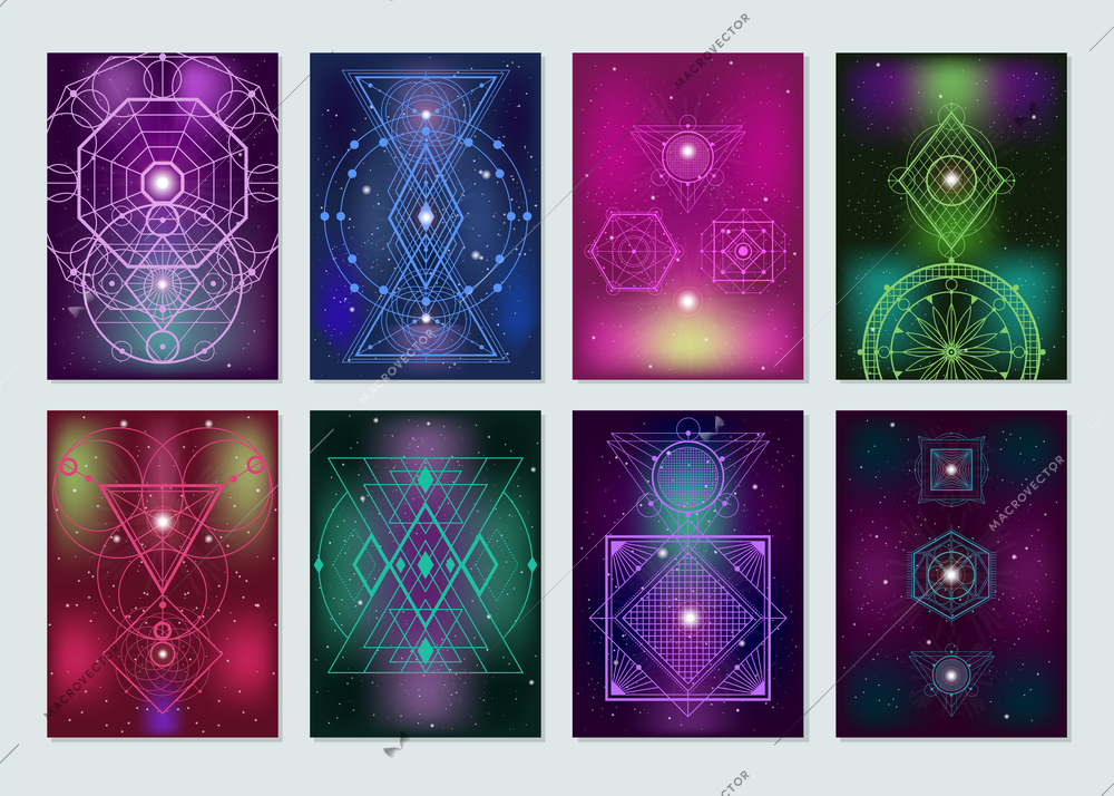 Popular sacred geometry ancient symbols  8 colorful banners with glowing blurry lights mystical backgrounds isolated vector illustration