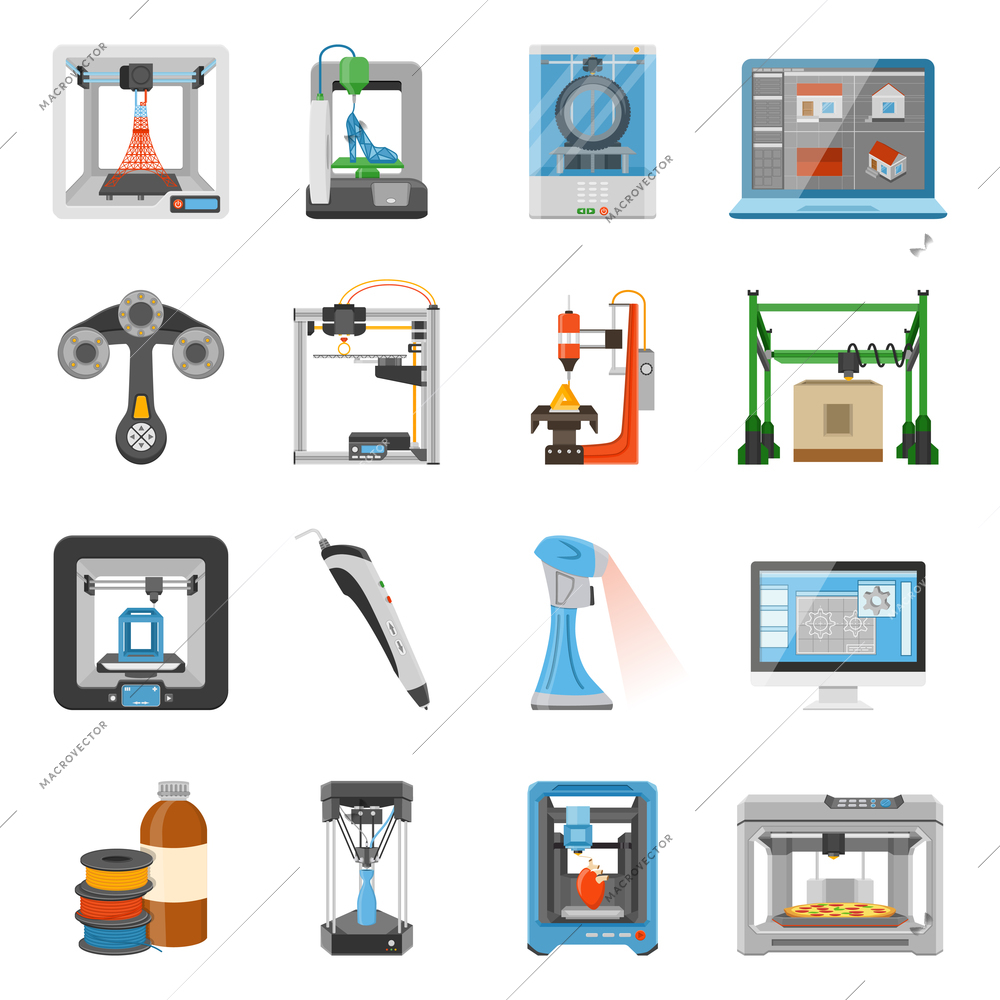 3D printing icons set of monitor with software on screen details and consumables for scanners and printers flat vector illustration