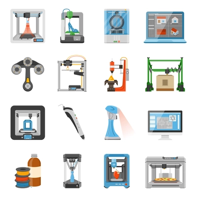 3D printing icons set of monitor with software on screen details and consumables for scanners and printers flat vector illustration