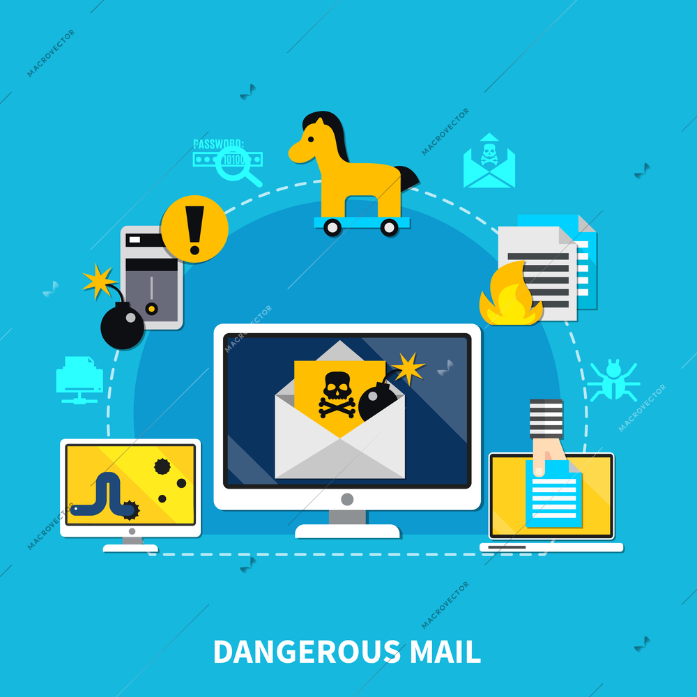 Dangerous mail design concept set of computer with dangerous mail cracking smartphone worm and trojan horse virus signs cartoon vector illustration