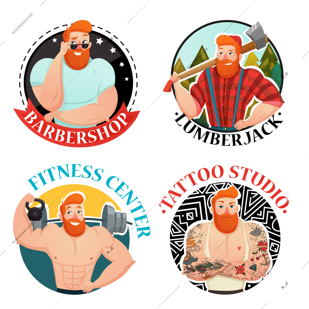 Four labels with brutal men and captions barbershop lumberjack fitness center and tattoo studio flat cartoon vector illustration