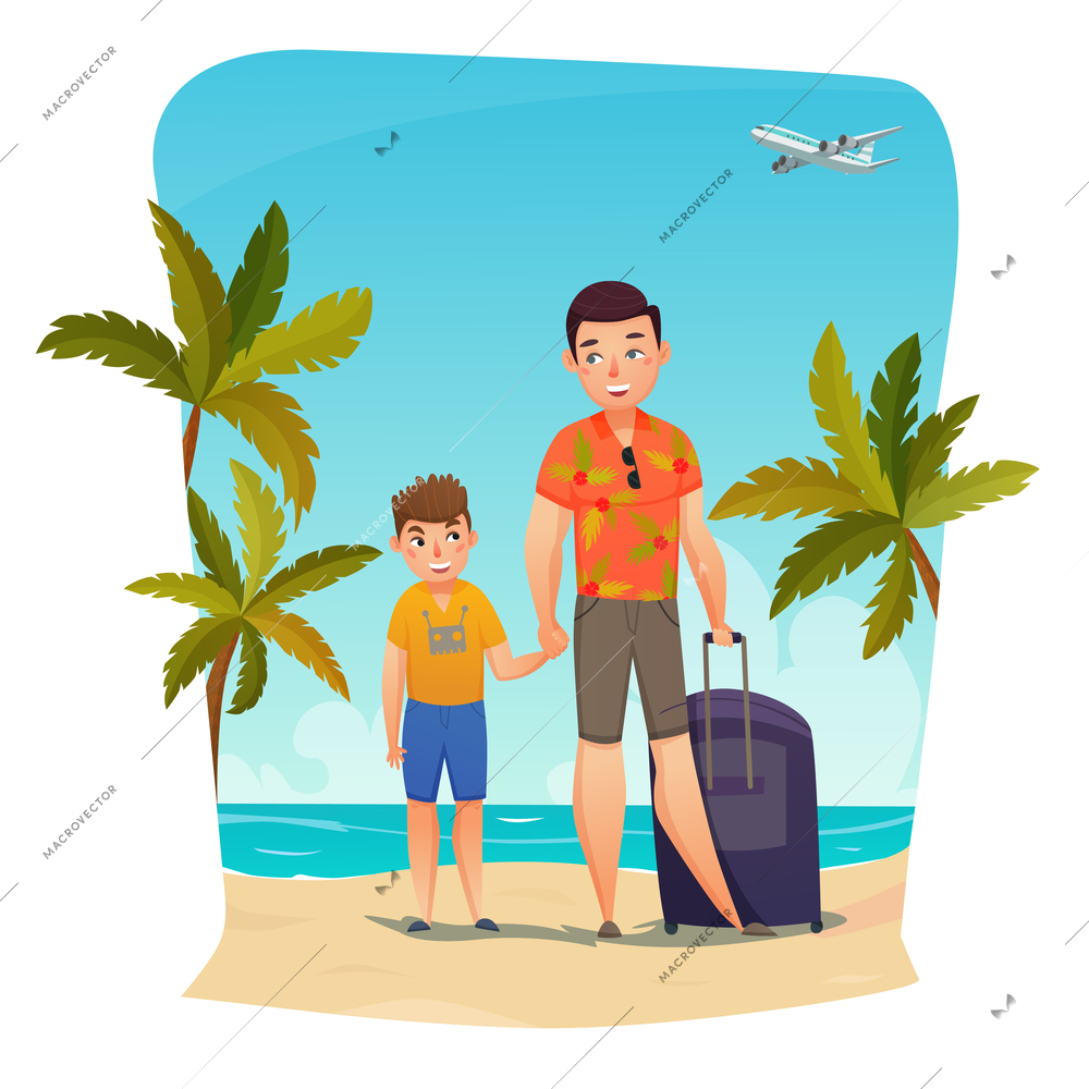 Summer holiday composition with dad and son on beach with suitcase airplane in blue sky vector illustration