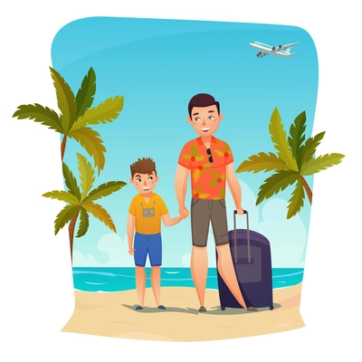 Summer holiday composition with dad and son on beach with suitcase airplane in blue sky vector illustration