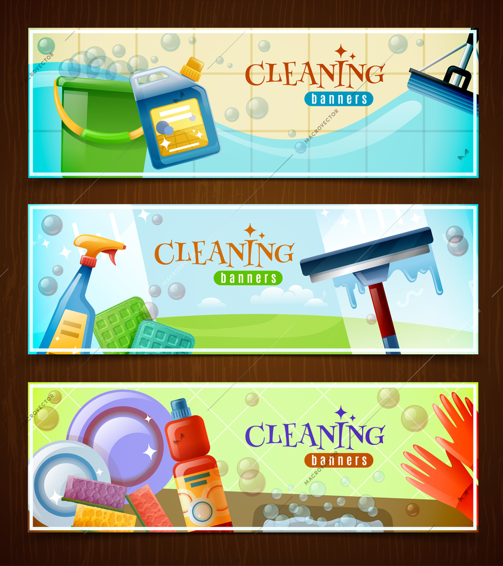 Set of horizontal banners with floor cleaning washing of windows and sparkling tableware isolated vector illustration