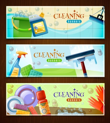 Set of horizontal banners with floor cleaning washing of windows and sparkling tableware isolated vector illustration