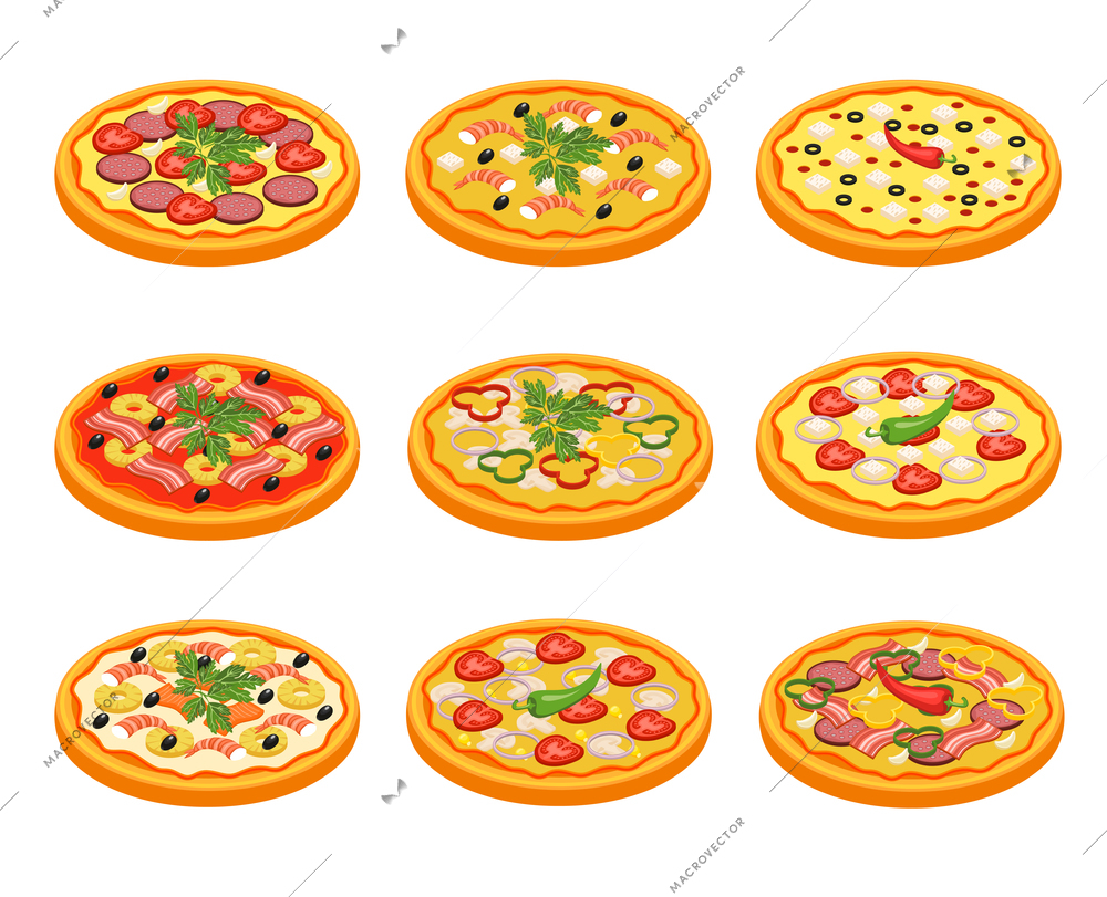 Pizza icons set with fruit vegetables meat and fish flat isolated vector illustration