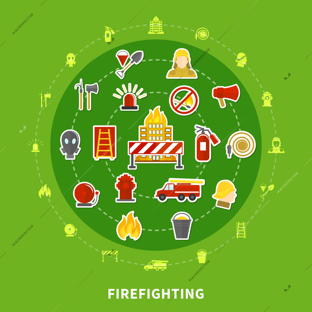 Flat design concept with various firefighting icons on green background vector illustration