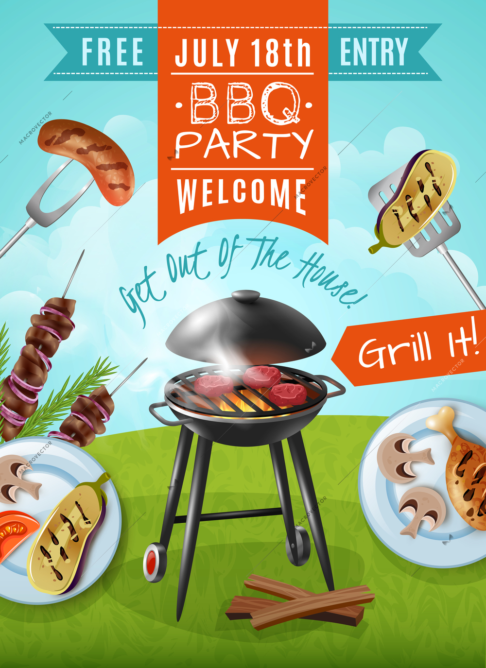 Barbecue party poster with steaks on grill, plates with chicken and vegetables, meat on skewers vector illustration