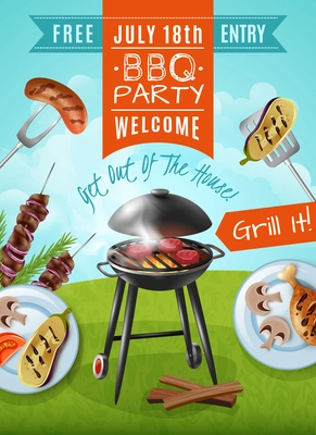 Barbecue party poster with steaks on grill, plates with chicken and vegetables, meat on skewers vector illustration