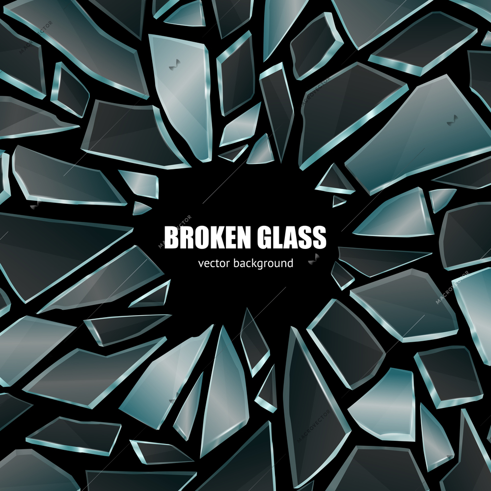 Broken glass dark shiny realistic fragments on black background screen smartphone wallpaper poster decorative vector illustration