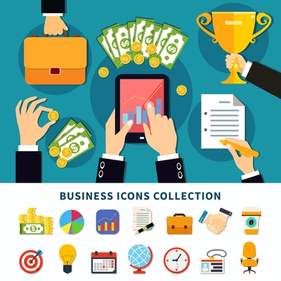 Business icon set of flat isolated emoji style finance alarm organizer and goal achievement pictogram images vector illustration