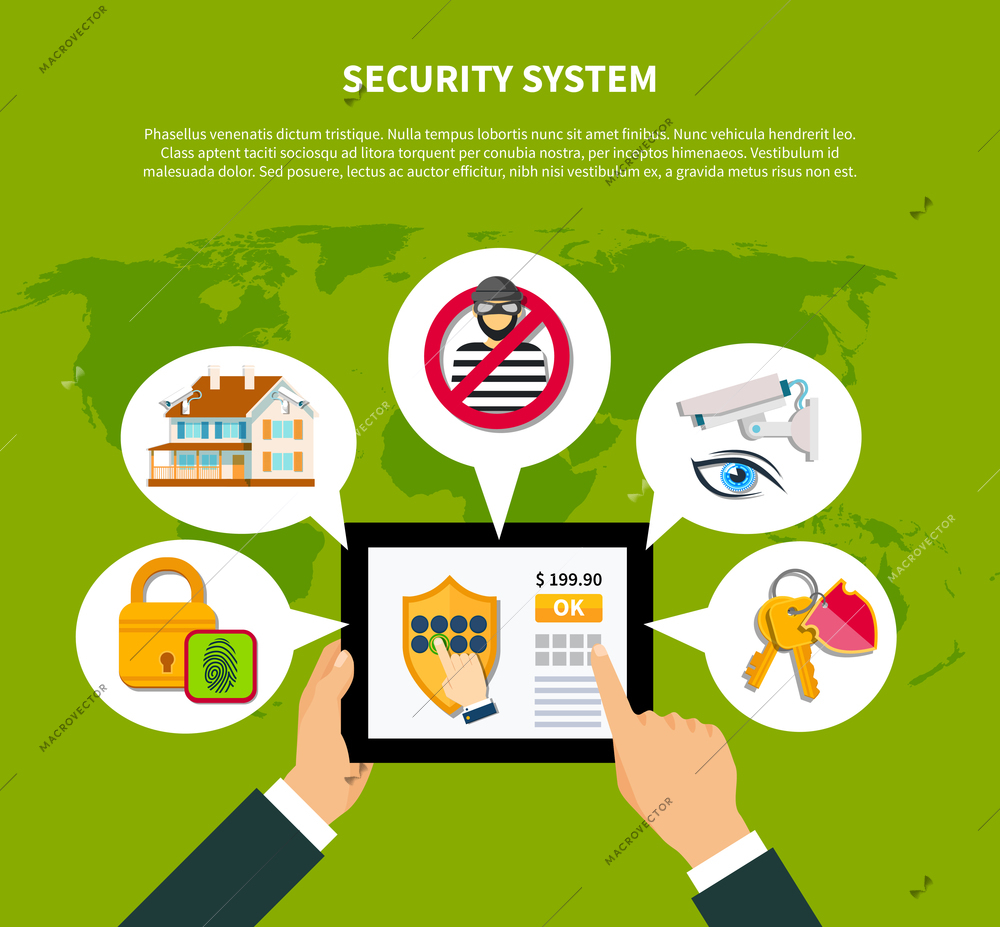 Security concept with financial and home security symbols flat vector illustration