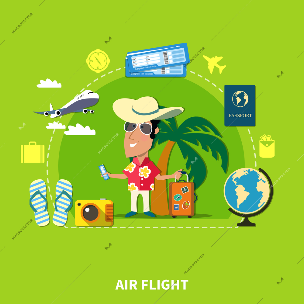 Vacation travel flat composition of happy tourist cartoon character his personal things globe and airplane images vector illustration