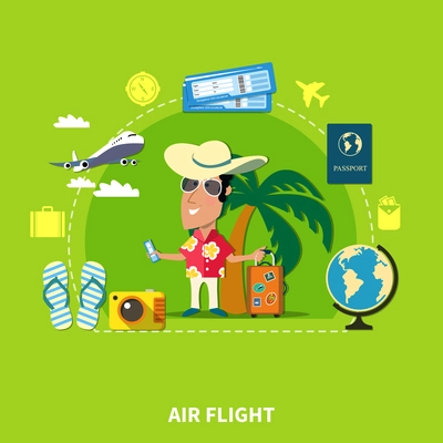 Vacation travel flat composition of happy tourist cartoon character his personal things globe and airplane images vector illustration