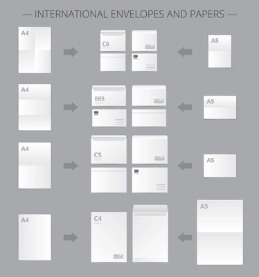 Paper documents set with realistic images of mail envelopes and suitable blank paper sheets connected by arrows vector illustration