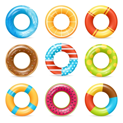 Life buoy swimming rings colorful realistic icons collection with american flag and chocolate doughnut isolated vector illustration