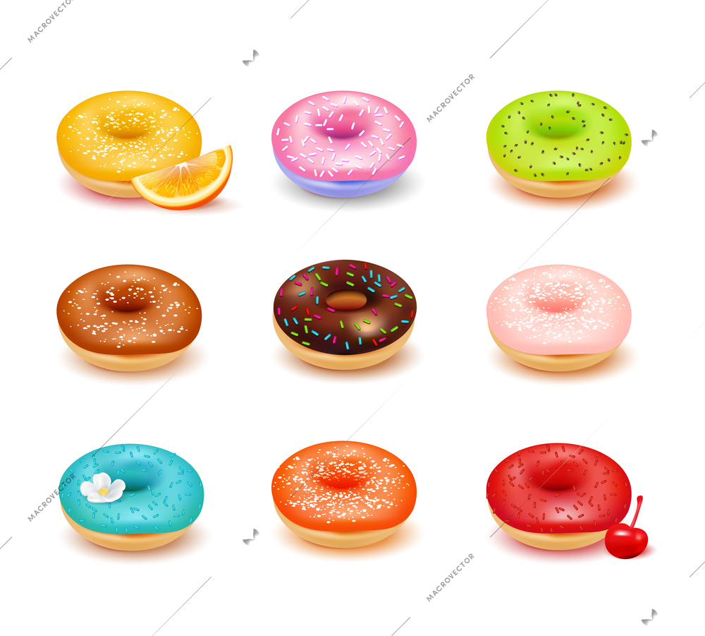 Sweet colorful donuts with various toppings and fresh fruit assortment set isolated on white background realistic vector illustration