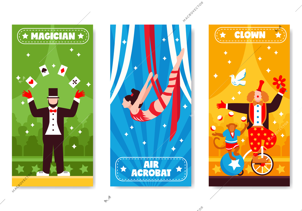 Circus vertical banners with colorful artwork and flat artist characters with stars and decorative text descriptions vector illustration