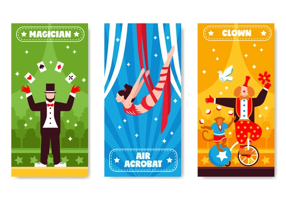 Circus vertical banners with colorful artwork and flat artist characters with stars and decorative text descriptions vector illustration