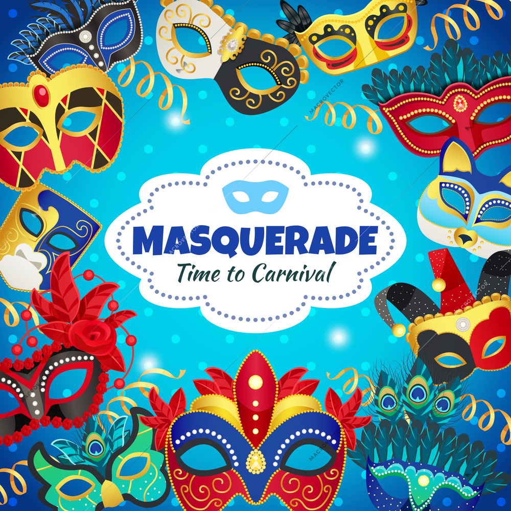 Time to carnival decorative background with colorful frame composed of wonderful masquerade masks flat vector illustration