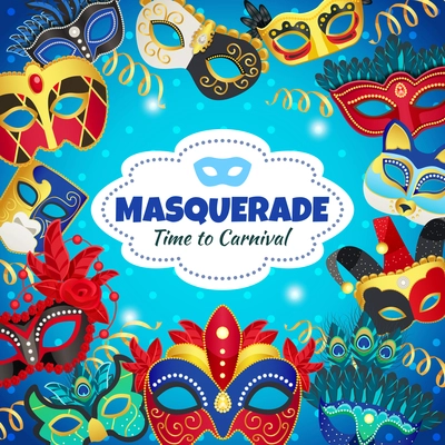Time to carnival decorative background with colorful frame composed of wonderful masquerade masks flat vector illustration