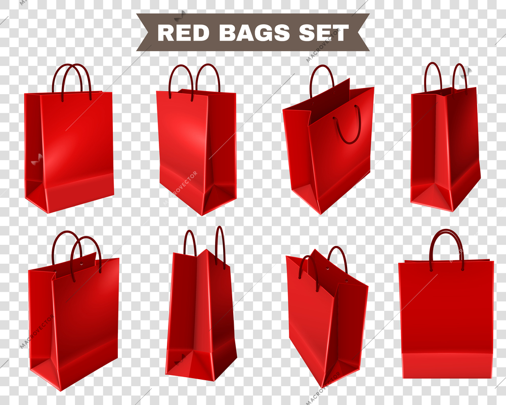 Set of red shopping bags from plastic or paper with handles on transparent background isolated vector illustration