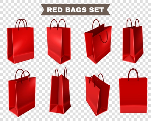 Set of red shopping bags from plastic or paper with handles on transparent background isolated vector illustration