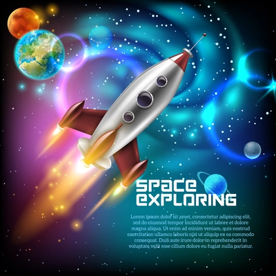 Space exploration with retro rocket planets and stars on dark background with rays and flares vector illustration