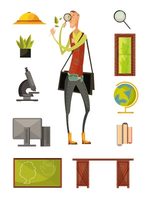 Teacher of biology retro style set with plants magnifier computer microscope desk and blackboard isolated vector illustration