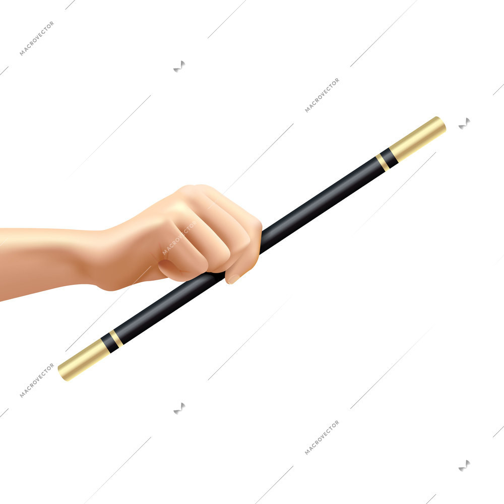 Realistic hand holding black and golden magic wand on white background vector illustration