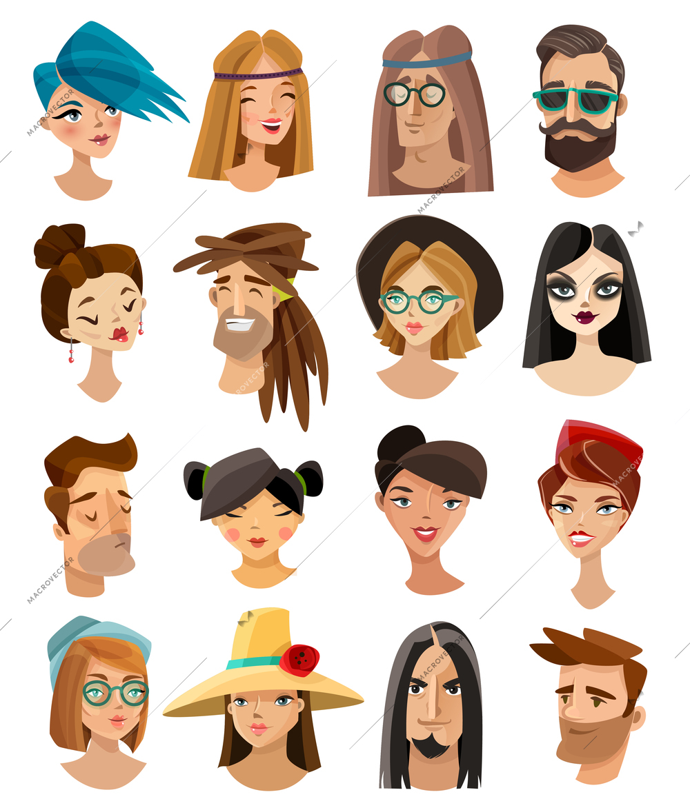 Set of male and female avatars in cartoon style including hippie punk hipster goth isolated vector illustration