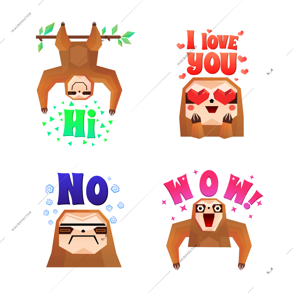 Sloth 4 funny cartoon character icons set with wow love no and hi colorful letters isolated vector illustration
