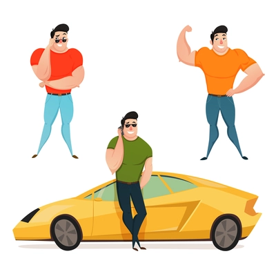 Flat design composition with three brutal  brunet macho showing large muscles flat cartoon vector illustration