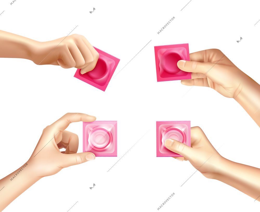 Female hands holding condoms in pink packages realistic set isolated on white background vector illustration