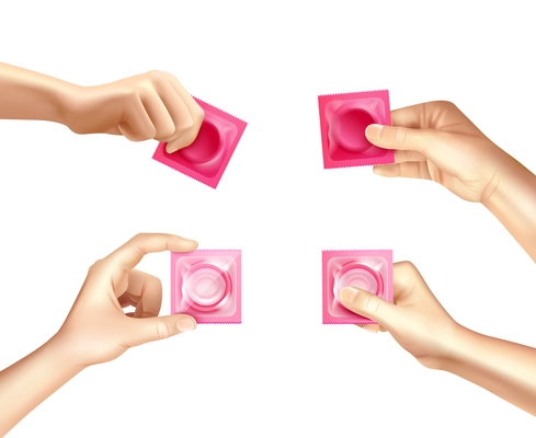 Female hands holding condoms in pink packages realistic set isolated on white background vector illustration