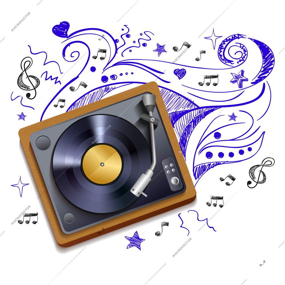 Vintage retro vinyl record player or gramophone poster with music doodle background vector illustration