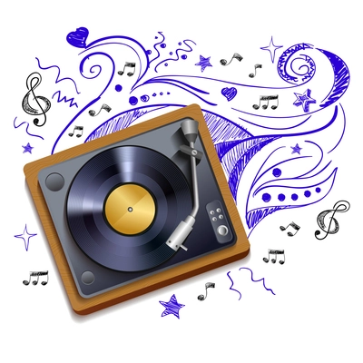 Vintage retro vinyl record player or gramophone poster with music doodle background vector illustration