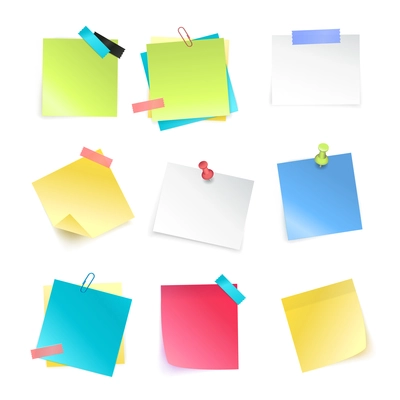 Realistic set of colorful blank sticky notes with pushpins and paperclips isolated on white background vector illustration