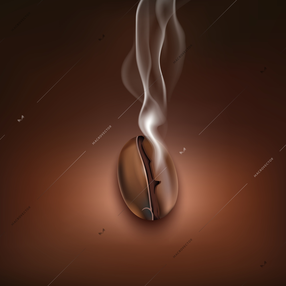 Single realistic hot roasted coffee bean on brown background vector illustration