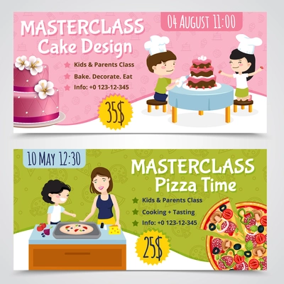 Kids cooking horizontal banners set of two cartoon show bills pizza and cake with editable text vector illustration