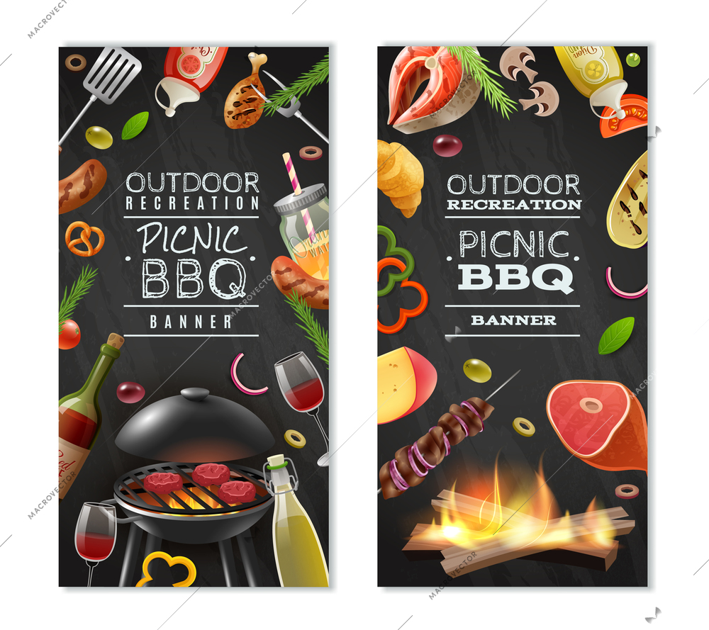 Picnic barbecue vertical banners with meat on grill vegetables wine sauces on black background isolated vector illustration