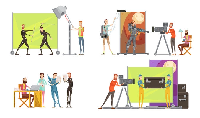 Movie making concept with director actors at film set cameraman and sound engineer lighting isolated vector illustration